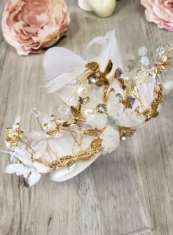 Diadème femme perles et plumes Or