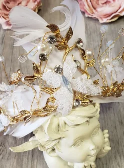 Diadème femme perles et plumes Or