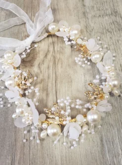 Diadème souple perles et fleurs Ivoire - Ecru