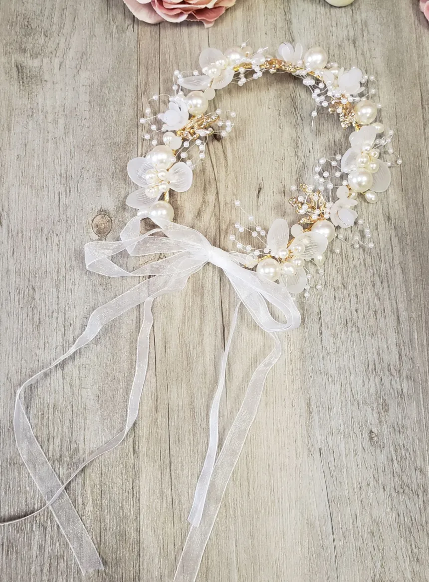 Diadème souple perles et fleurs Ivoire - Ecru