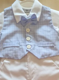 Ensemble de baptême garçon Lilian gilet à carreaux – Bleu et blanc