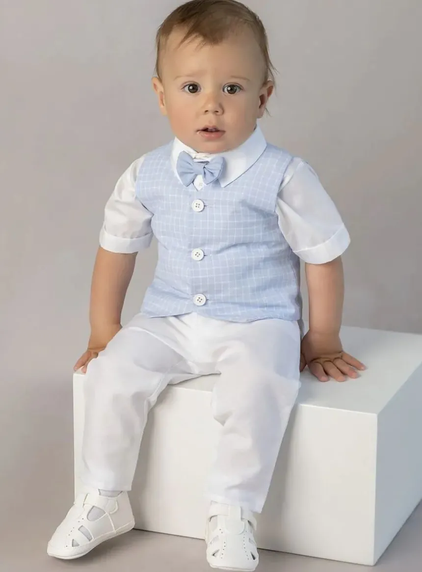 Ensemble de baptême garçon Lilian gilet à carreaux – Bleu et blanc