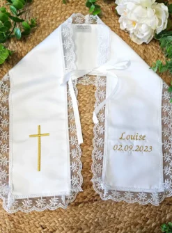 Etole de baptême satin et dentelle - Personnalisable Blanc