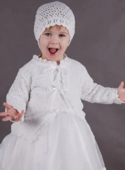 Gilet baptême + bonnet crochet bébé fille Blanc 1 mois