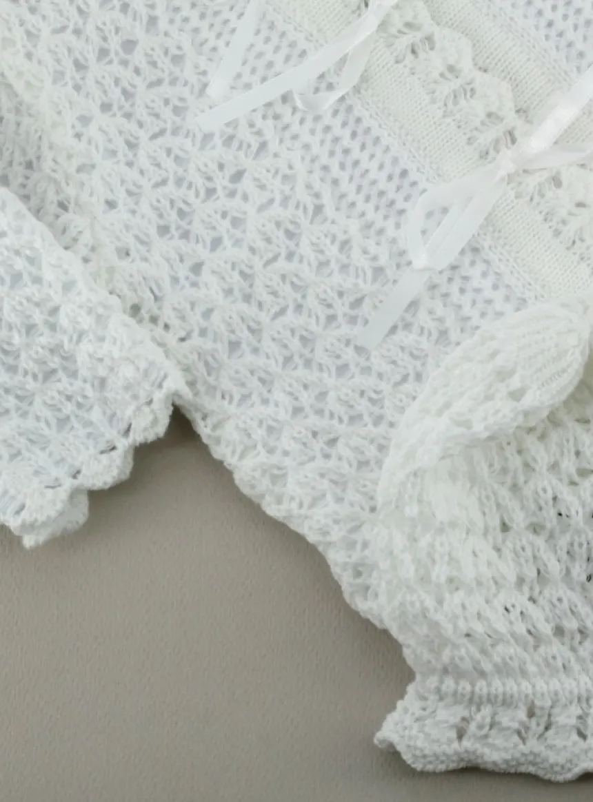 Gilet baptême + bonnet crochet bébé fille Blanc 1 mois