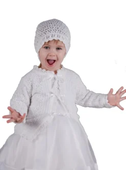 Gilet baptême + bonnet crochet bébé fille Blanc 1 mois