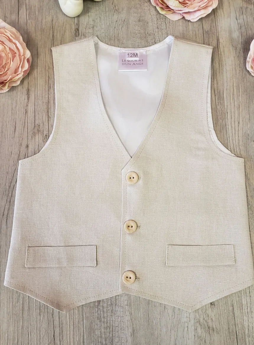 Gilet + noeud pap. petit garçon lin beige Pierre