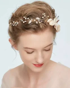 Guirlande coiffure cérémonie mariage fleurs et perles Or