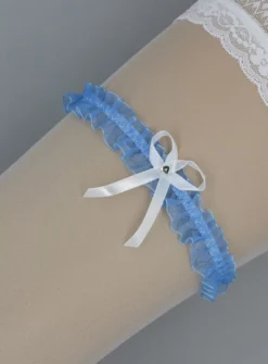 Jarretière mariée organza bleu- nœud et goutte