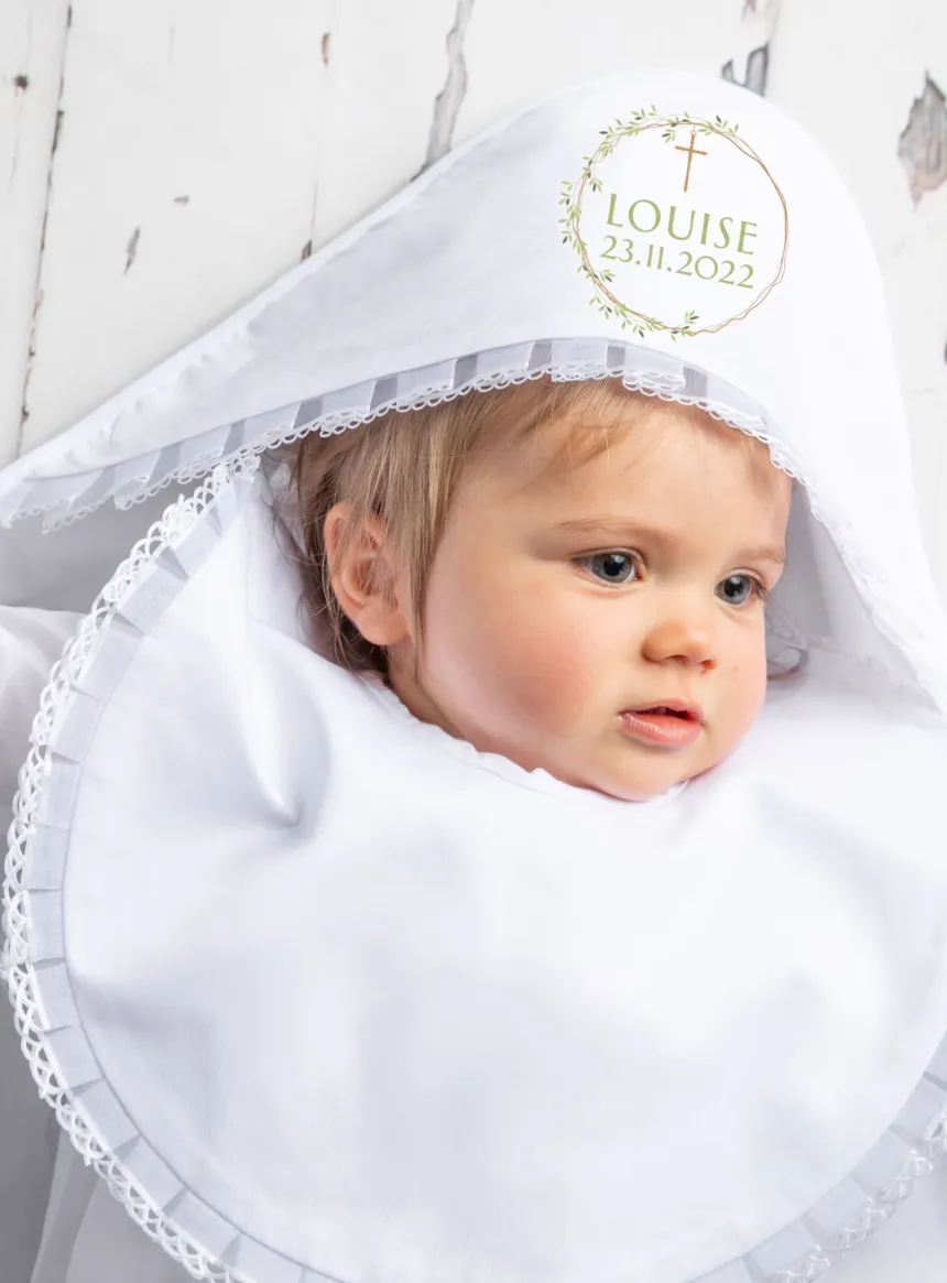 Linge baptême capuche collection " Olivier et Croix" - Personnalisable