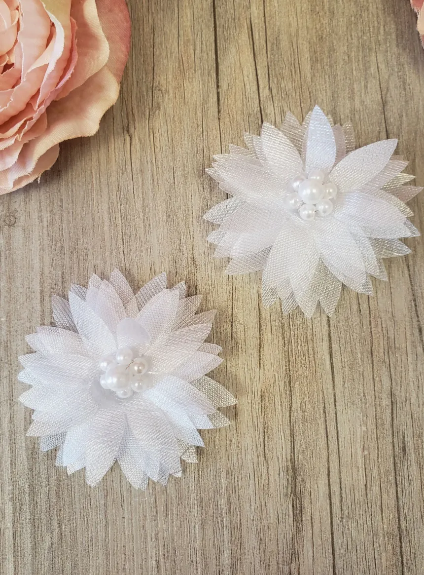 Lot de 2 fleurs tissu et perles avec velcro Blanc