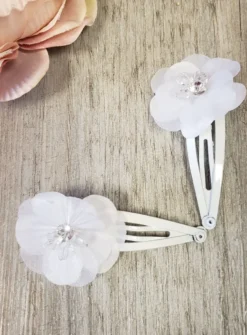 Lot 2 pinces clips fleur tissu et perle Blanc