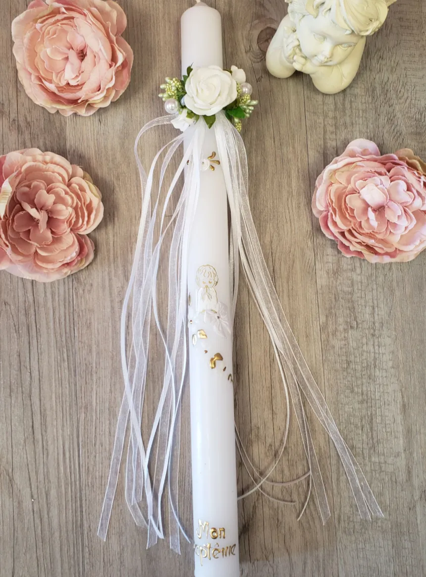 Noeud pour cierge fleurs et feuillage Blanc