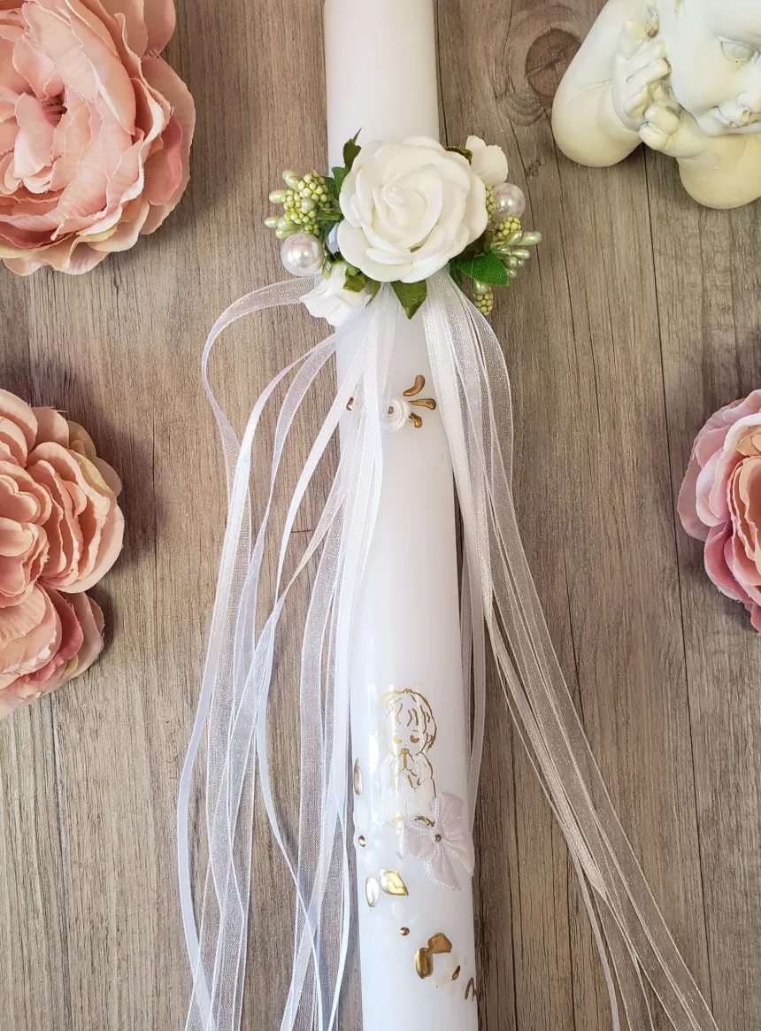 Noeud pour cierge fleurs et feuillage Blanc