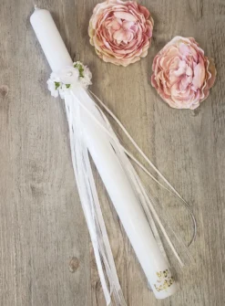 Noeud pour cierge fleurs et perles Blanc