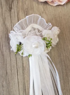 Noeud pour cierge fleurs et perles Blanc