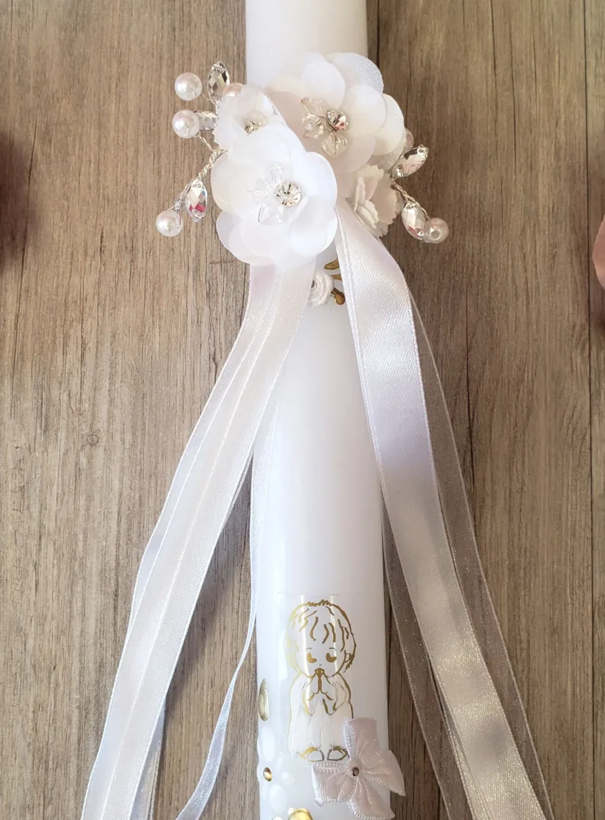 Noeud pour cierge fleurs et strass Blanc