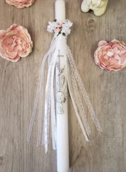 Noeud pour cierge fleurs rose et dentelle Blanc