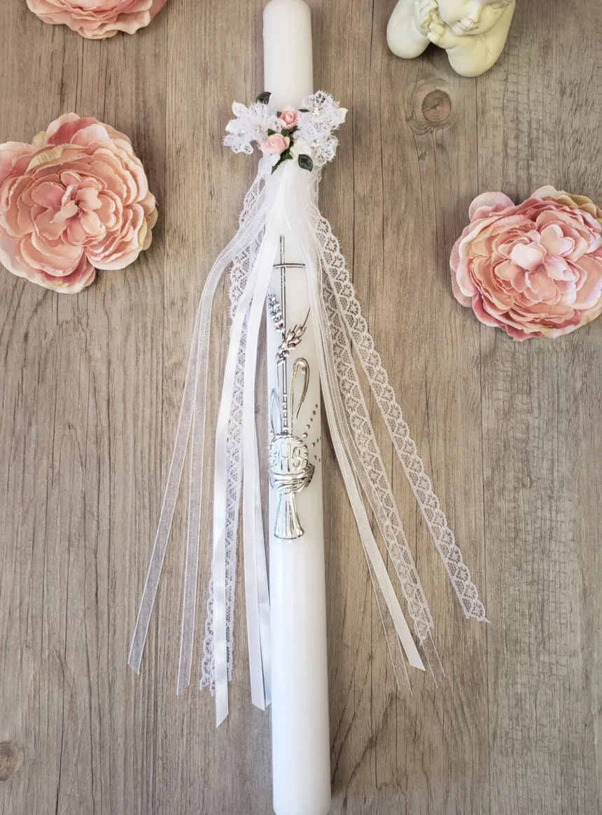Noeud pour cierge fleurs rose et dentelle Blanc