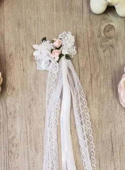 Noeud pour cierge fleurs rose et dentelle Blanc
