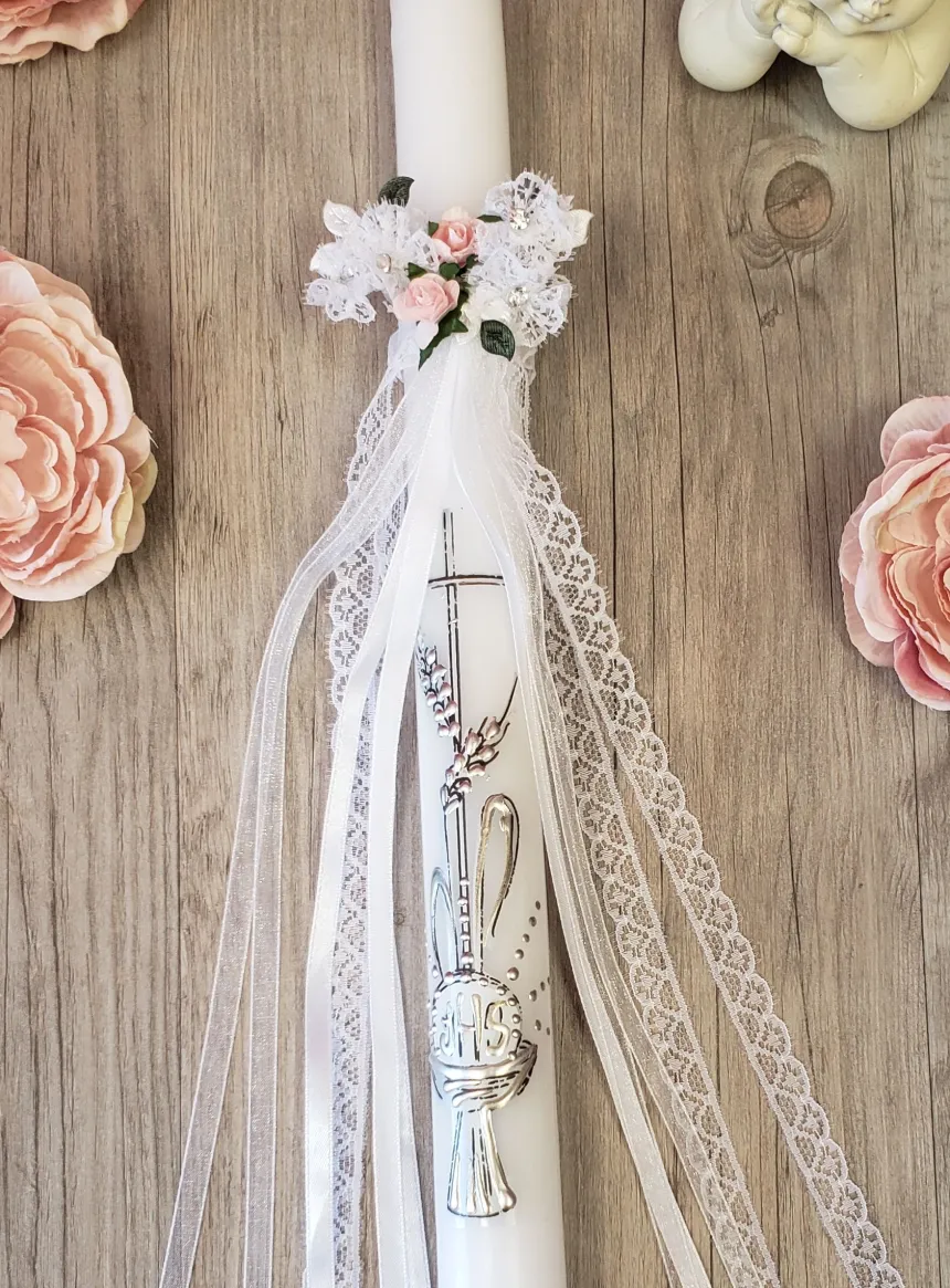 Noeud pour cierge fleurs rose et dentelle Blanc