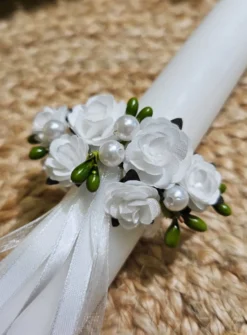 Noeud pour cierge perles fleurs et ruban