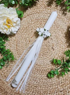 Noeud pour cierge perles fleurs et ruban