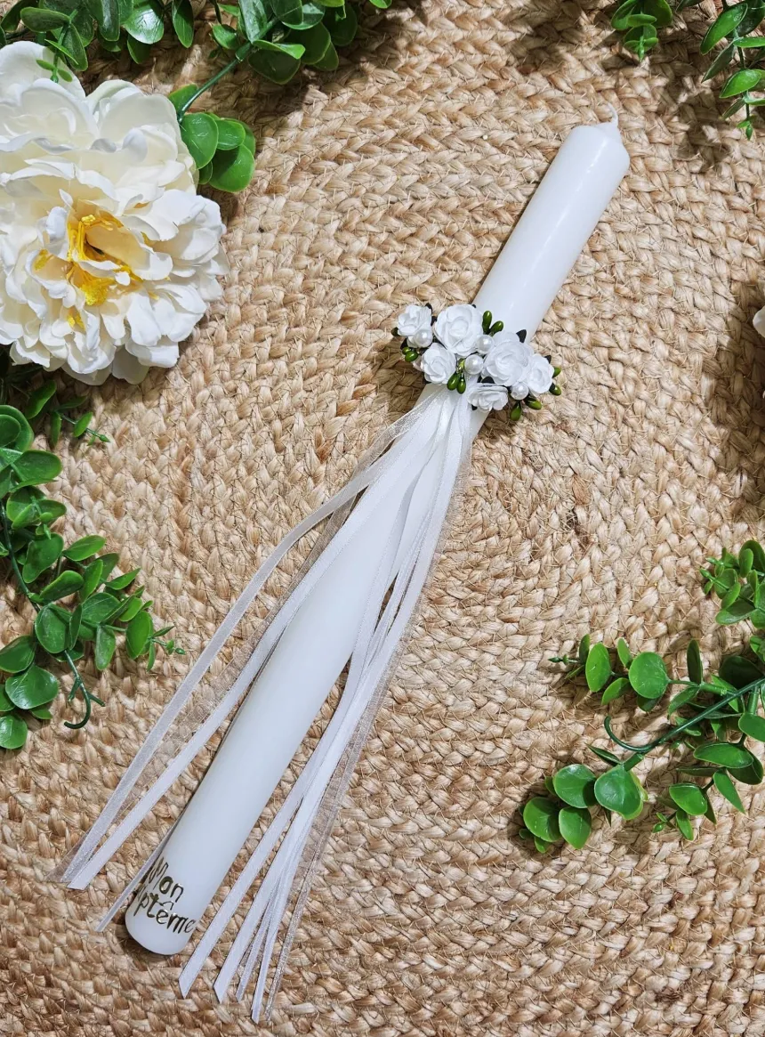 Noeud pour cierge perles fleurs et ruban