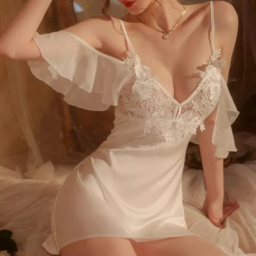 Nuisette satin, dentelle manches volantes Femme