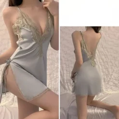 Nuisette satin sexy avec fentes et dentelle femme