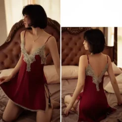 Nuisette satin sexy avec fentes et dentelle femme