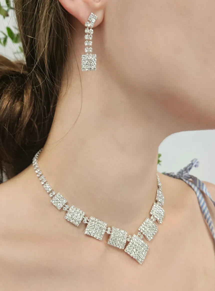 Parrure collier + boucles d'oreilles strass Mariage Gris argent