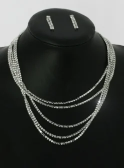 Parure Collier multirang strass + pendants Gris argent