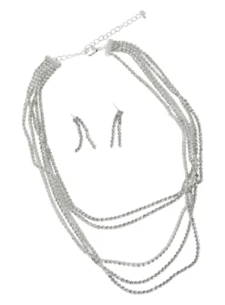 Parure Collier multirang strass + pendants Gris argent