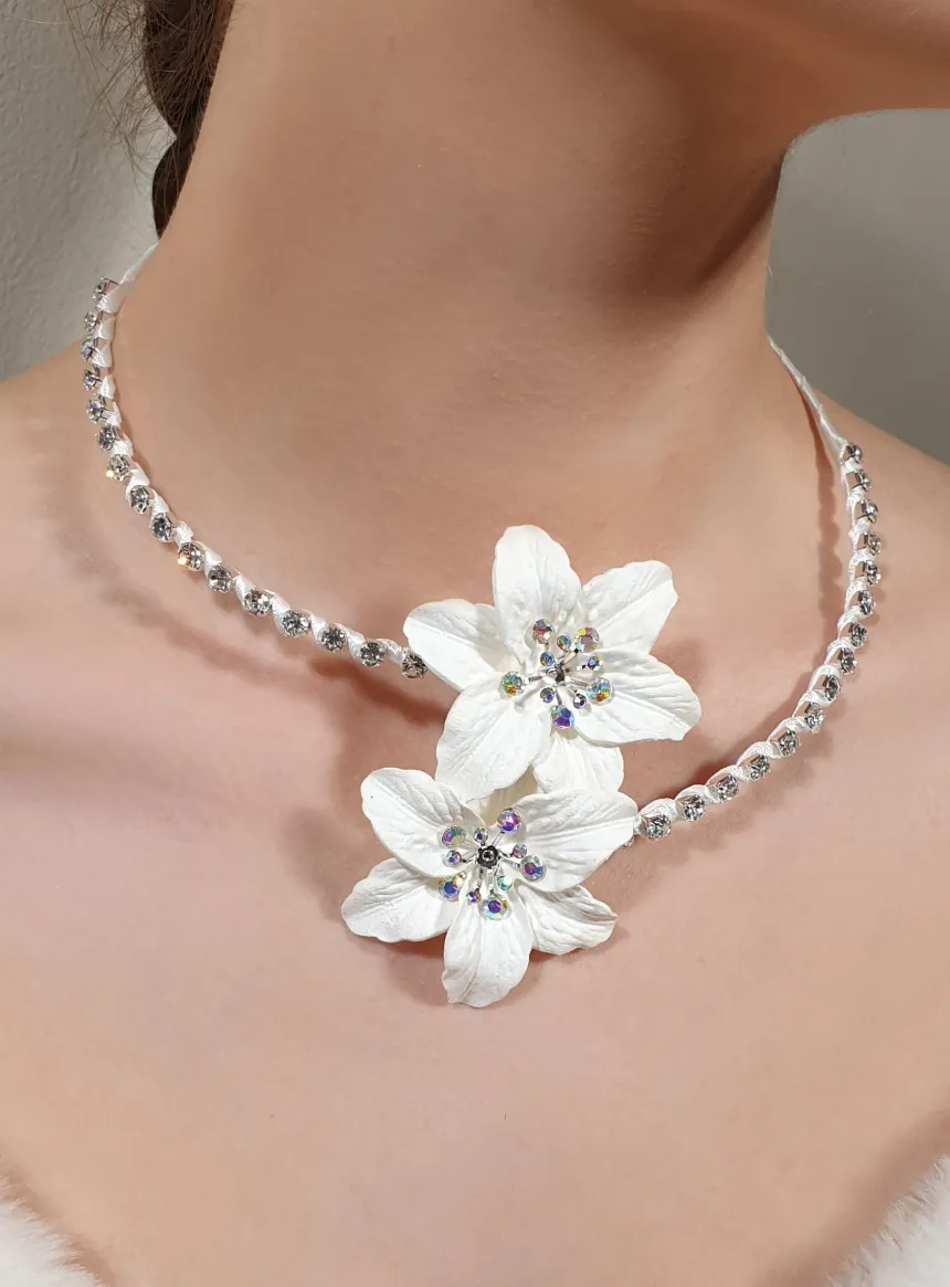 Parure mariage collier + bracelet fleur et strass