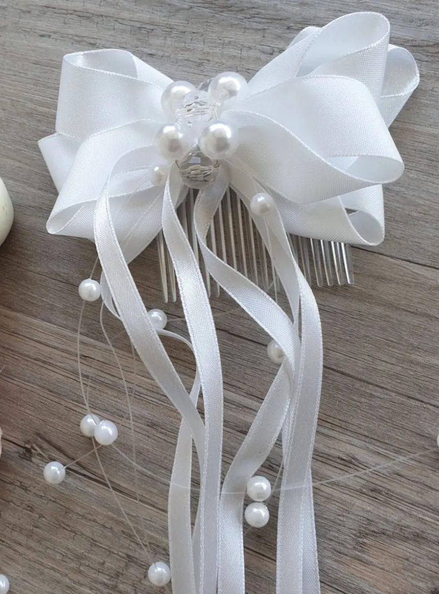 Peigne cheveux blanc noeud satin Blanc