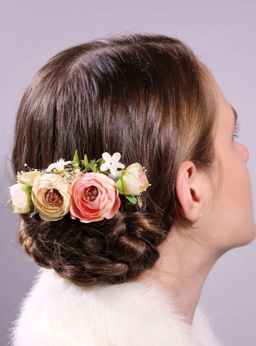 Peigne cheveux fleurs effet naturel Rose