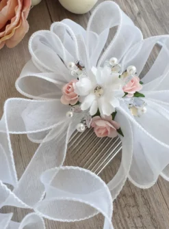 Peigne cheveux fleurs et ruban Blanc