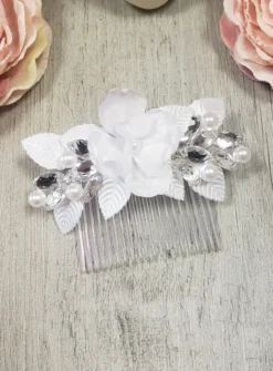 Peigne cheveux fleurs et strass Blanc