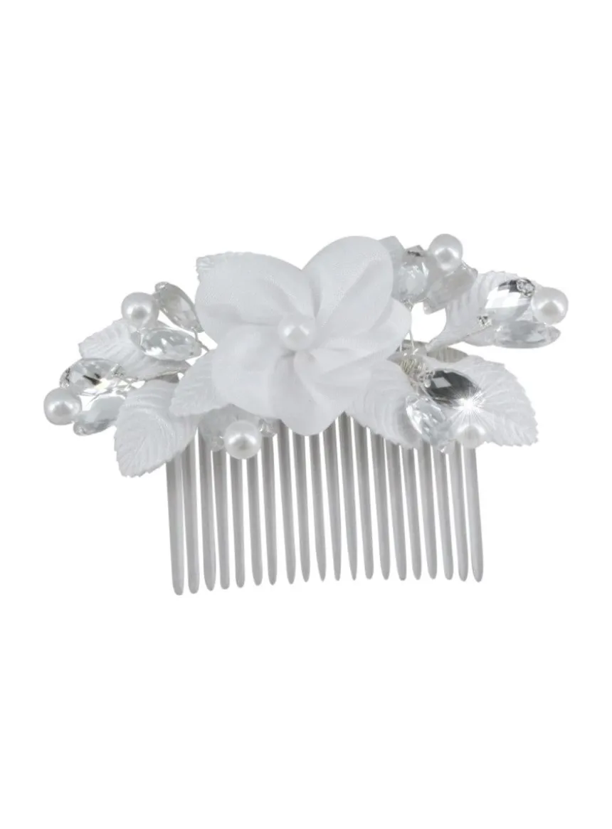 Peigne cheveux fleurs et strass Blanc