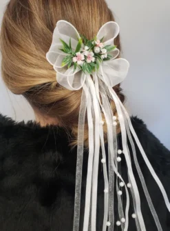 Peigne cheveux Ruban et fleurs avec feuillage Blanc