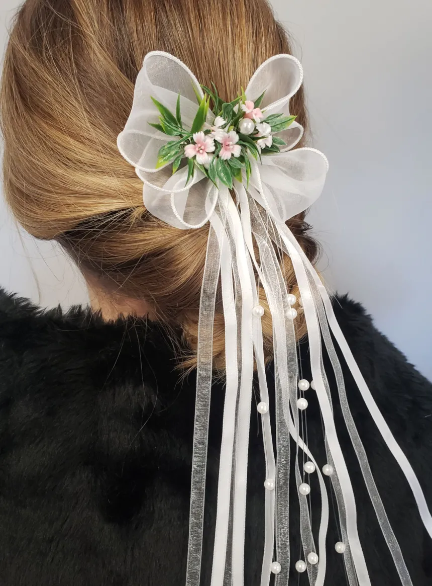 Peigne cheveux Ruban et fleurs avec feuillage Blanc