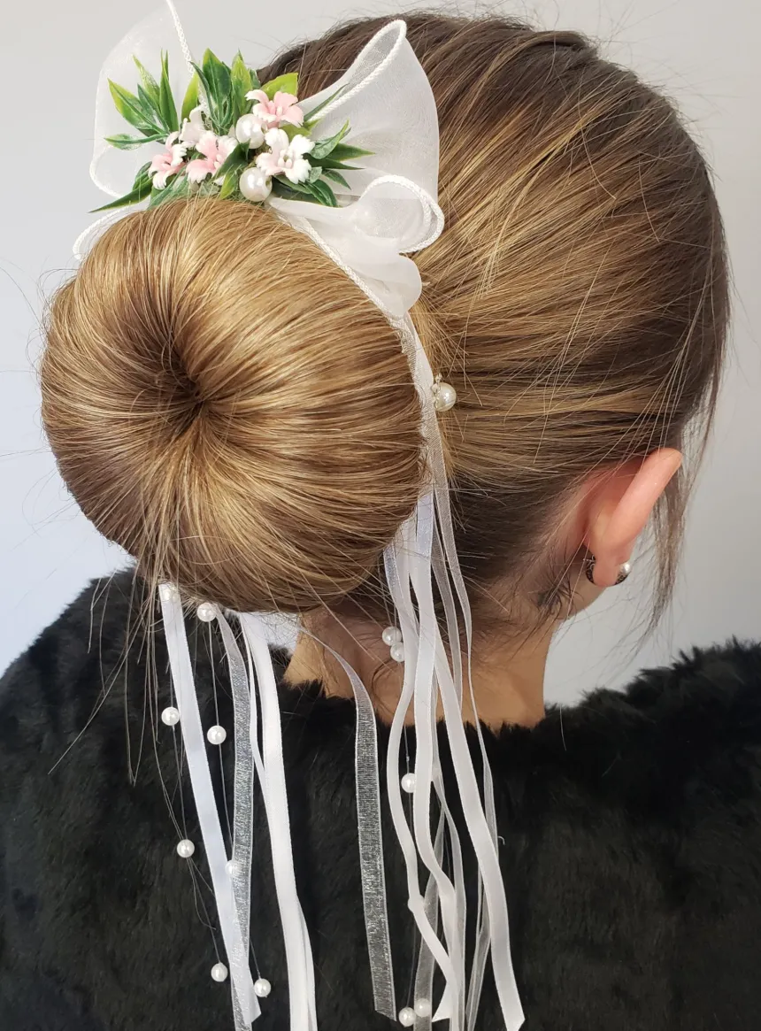 Peigne cheveux Ruban et fleurs avec feuillage Blanc