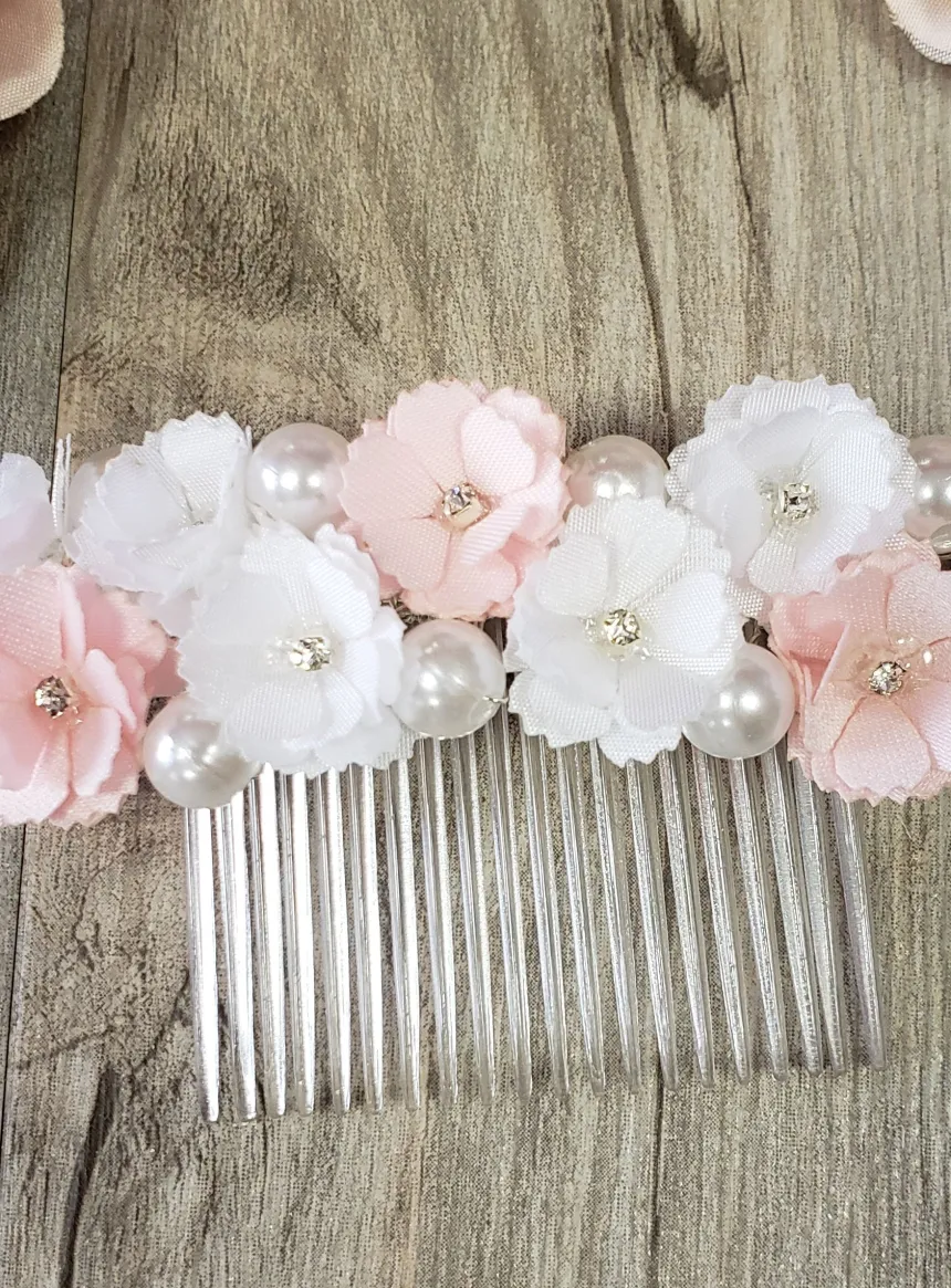 Peigne coiffure fleurs et perles Blanc