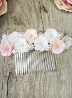 Peigne coiffure fleurs et perles Blanc