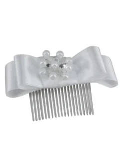 Peigne ruban satin blanc perles et strass Blanc