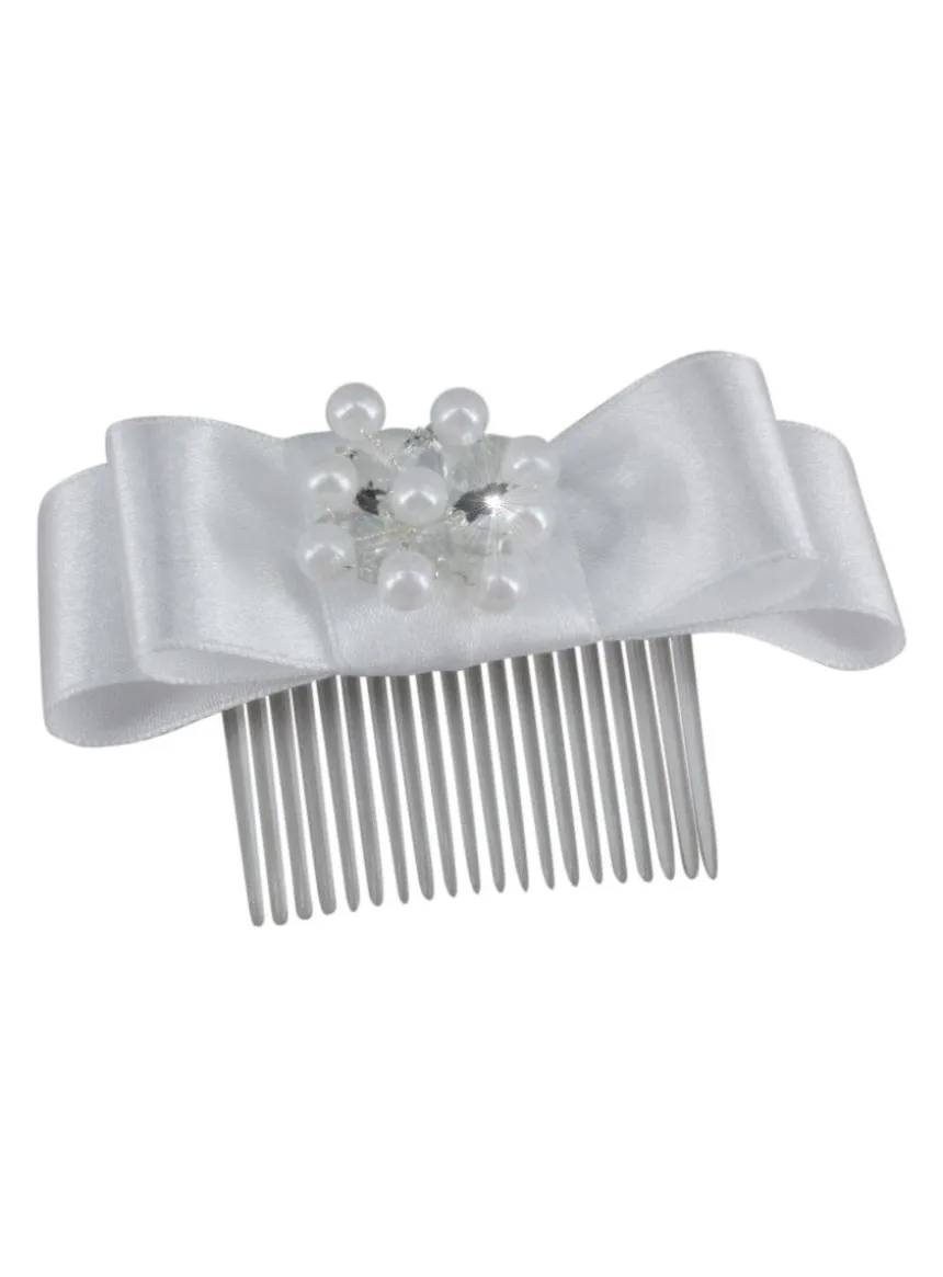 Peigne ruban satin blanc perles et strass Blanc