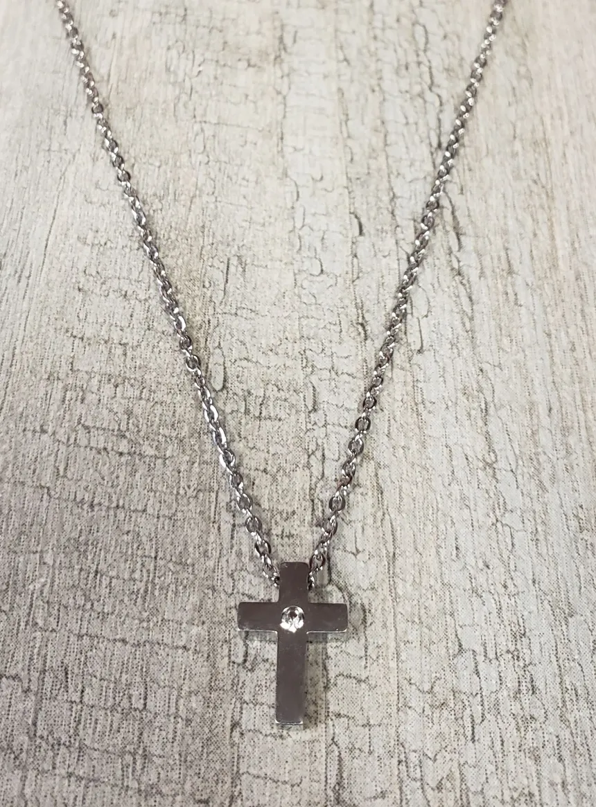 Pendentif Croix strass + Chaine Acier Inoxydable Gris argent