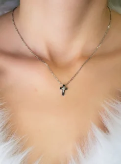 Pendentif Croix strass + Chaine Acier Inoxydable Gris argent