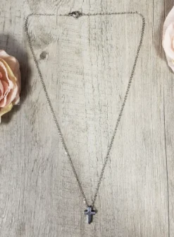 Pendentif Croix strass + Chaine Acier Inoxydable Gris argent